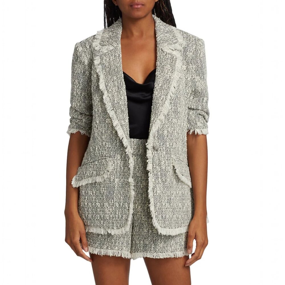 NWT Cinq à Sept Erin Fringed Boucle Tweed Blazer Jacket Black/Ivory Size 8 $425 - Picture 3 of 17